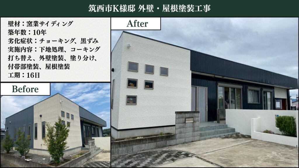 茨城県筑西市で行った外壁塗装と屋根塗装工事の施工事例。住宅の外壁と屋根を高耐久塗料で丁寧に仕上げた様子