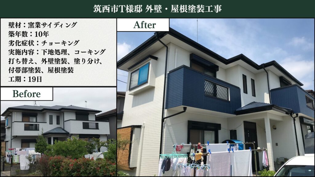 茨城県筑西市で行った外壁塗装と屋根塗装工事の施工事例。住宅の外壁と屋根を高耐久塗料で丁寧に仕上げた様子